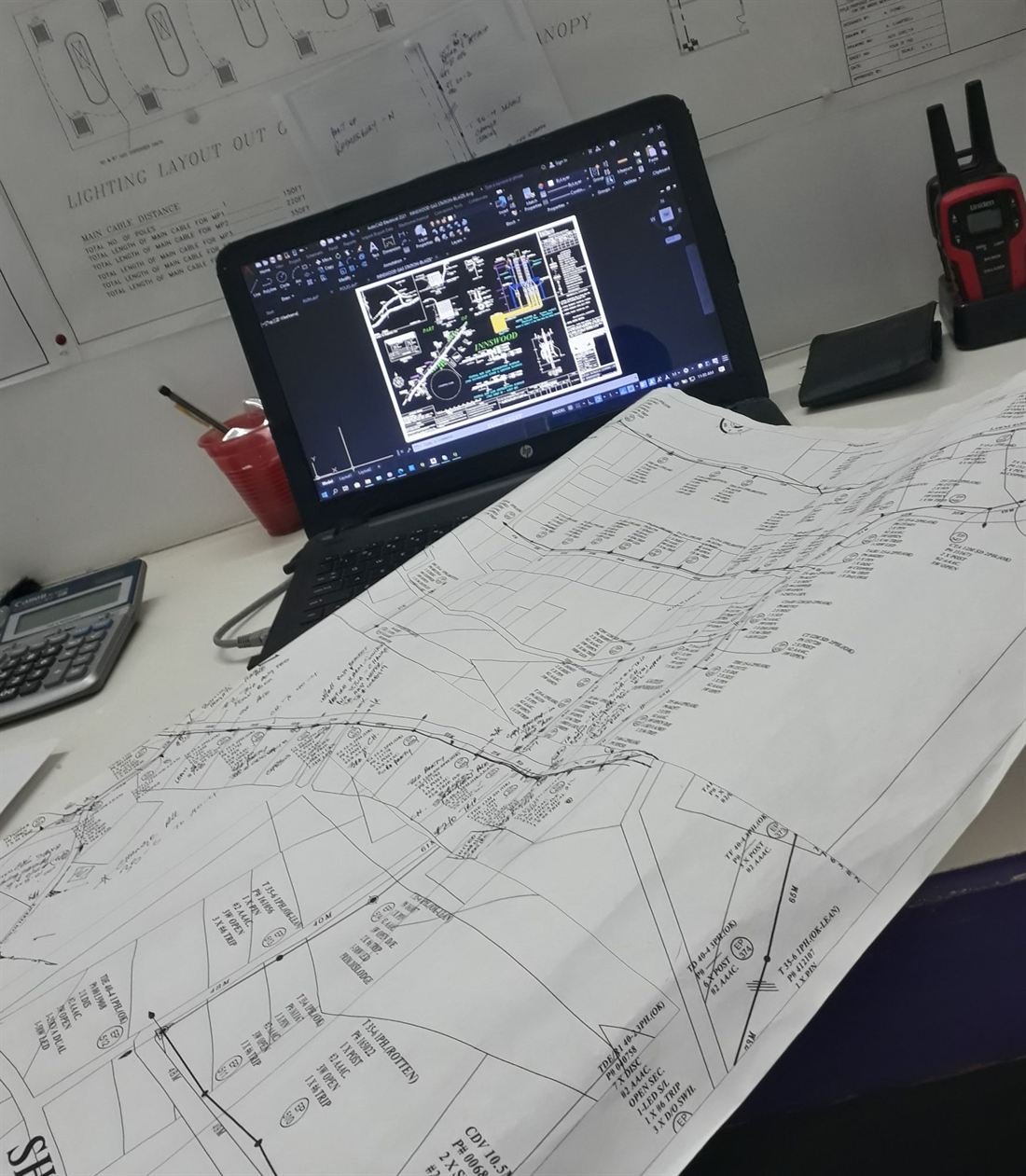 Electrical pole line CAD design drawing with hand-marked pole line map