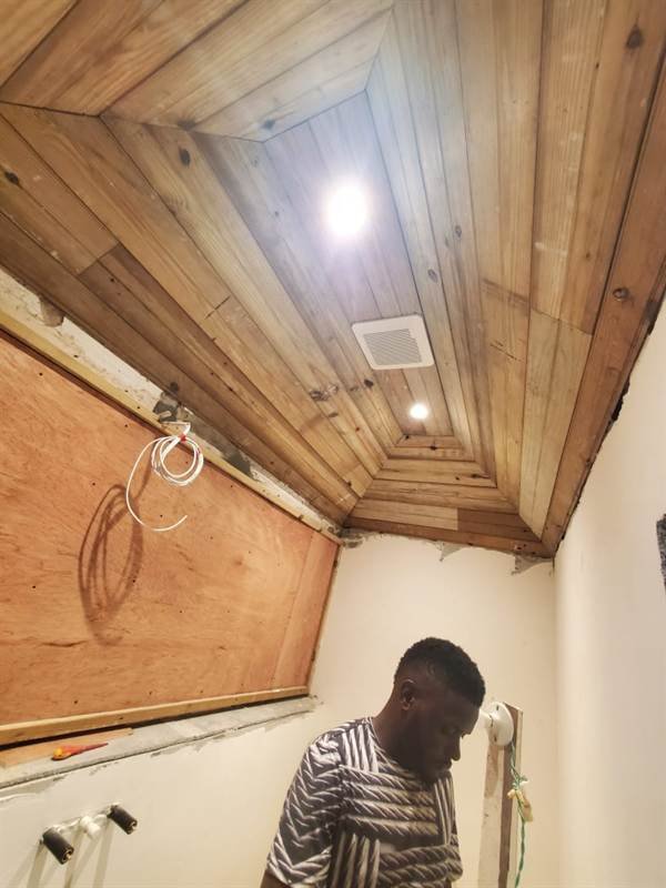 Wood ceiling lighting installation at BYD, ATL Complex, Montego Bay